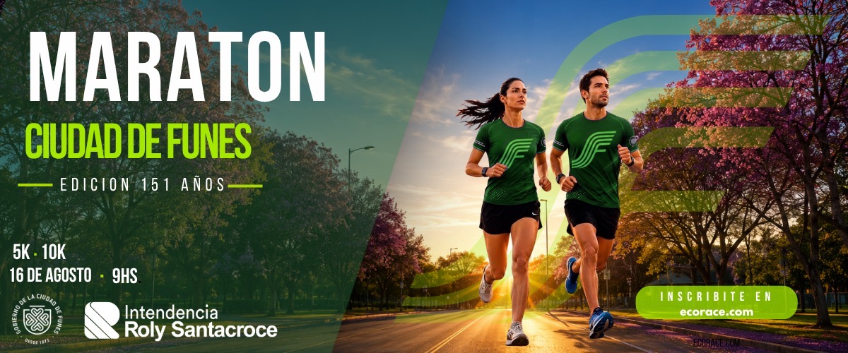 Flyer de la Maratón Aniversario de Funes con fecha 16 de agosto y distancias 5K y 10K