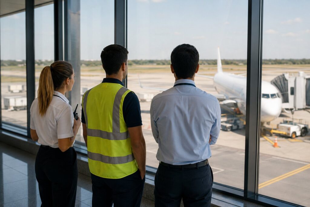 Jovenes observan un avion en el aeropuerto, vinculados a la formacion en oficios aeroportuarios en Rosario