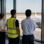 Jovenes observan un avion en el aeropuerto, vinculados a la formacion en oficios aeroportuarios en Rosario