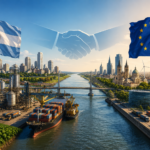 Exportaciones de Santa Fe a la Union Europea: banderas de Argentina y la UE sobre el puerto del Gran Rosario