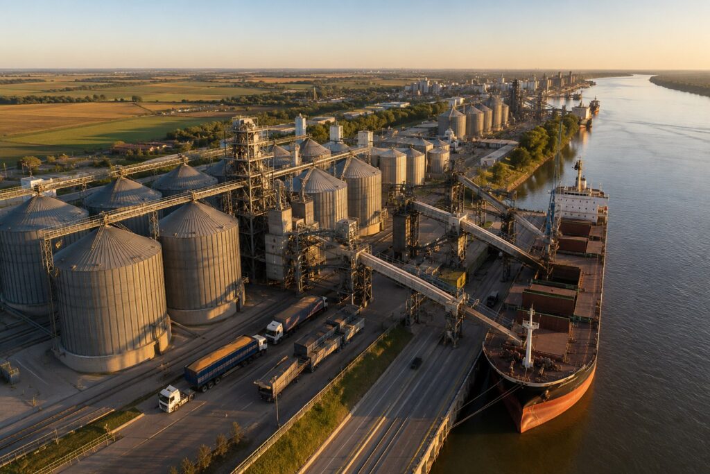 Vista aérea del cordón industrial y portuario del Gran Rosario con silos, camiones de granos y un buque granelero sobre el río Paraná al atardecer