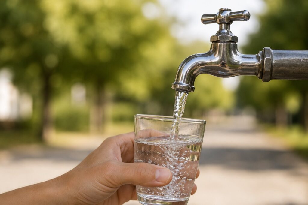 Una mano sostiene un vaso que se llena con agua potable desde una canilla
