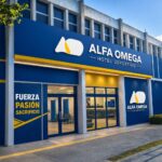 Fachada del Alfa Omega Hotel Deportivo, con su identidad azul y amarilla, en el predio del Centro Asturiano de Rosario