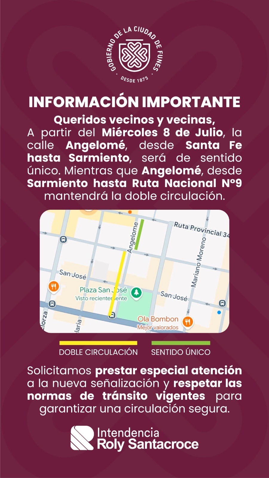 Mapa del cambio de tránsito en calle Angelomé, Funes