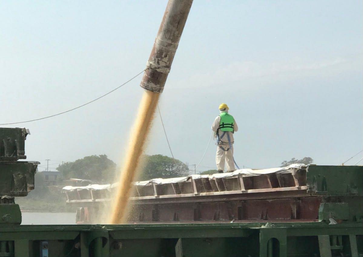 Carga de granos en una barcaza en una terminal portuaria de Santa Fe