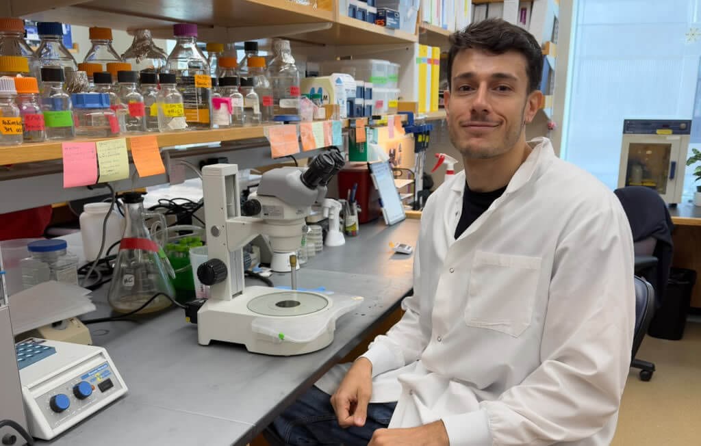 El investigador Bernabé Battista, con guardapolvo blanco, sentado junto a una lupa en un laboratorio