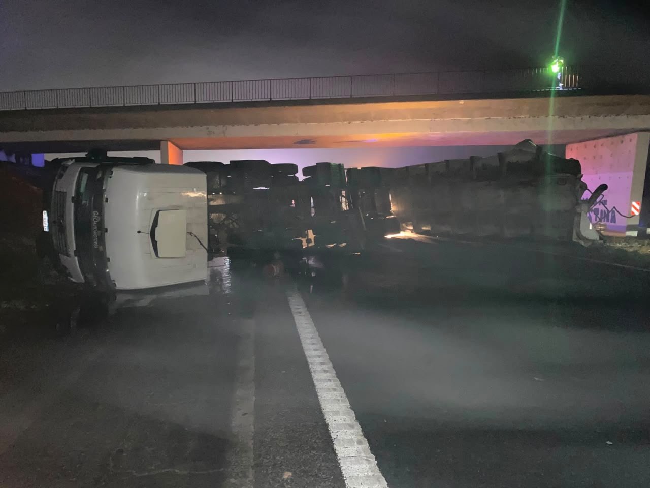 El camión volcado bajo el puente de General Lagos