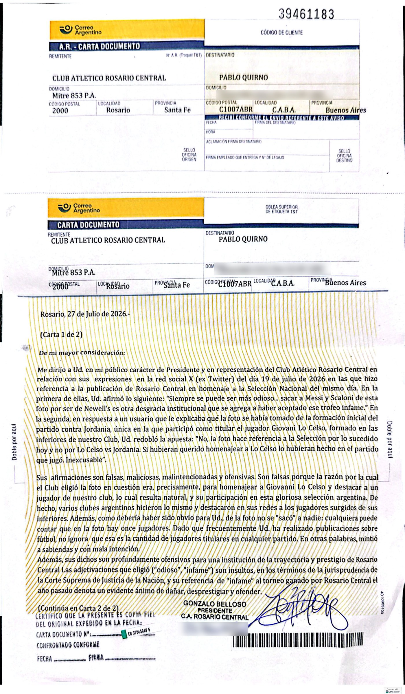 Primera página de la carta documento que Rosario Central envió al canciller