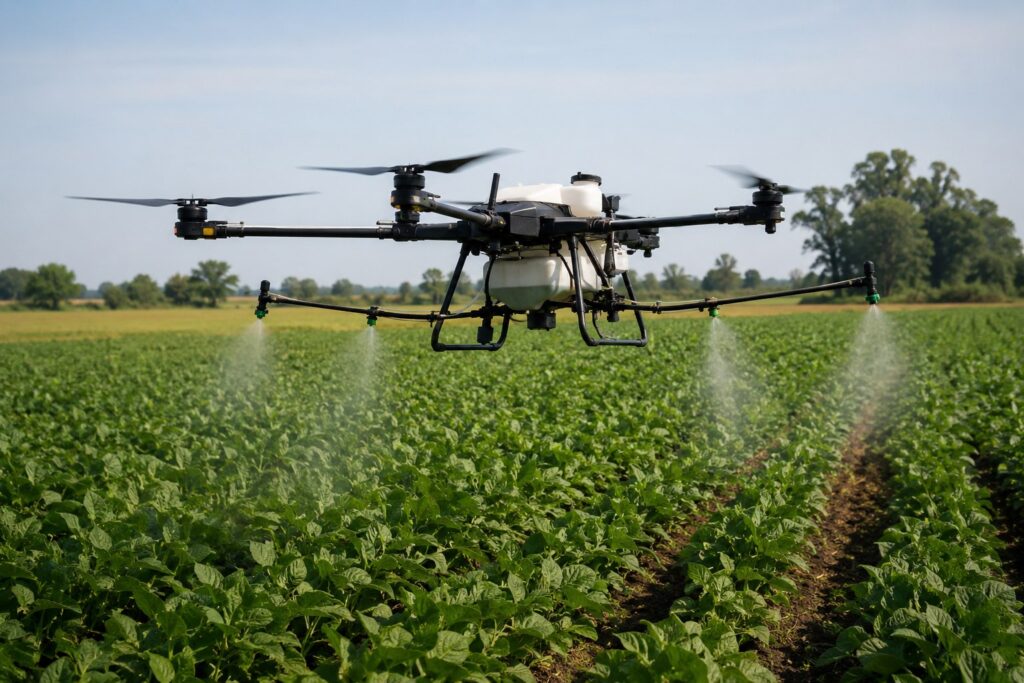 Un dron agrícola aplicando fitosanitarios sobre un cultivo en Santa Fe