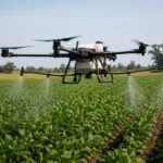 Un dron agrícola aplicando fitosanitarios sobre un cultivo en Santa Fe
