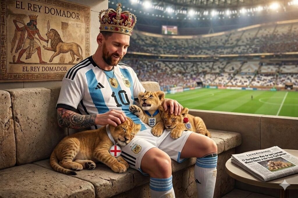Ilustración viral de Lionel Messi con una corona, rodeado de leones con los colores de Inglaterra, bautizada «El King Lio»
