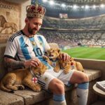 El King Lio: Argentina rugió más fuerte que Inglaterra y jugará otra final del mundo Ilustración viral de Lionel Messi con una corona, rodeado de leones con los colores de Inglaterra, bautizada «El King Lio»