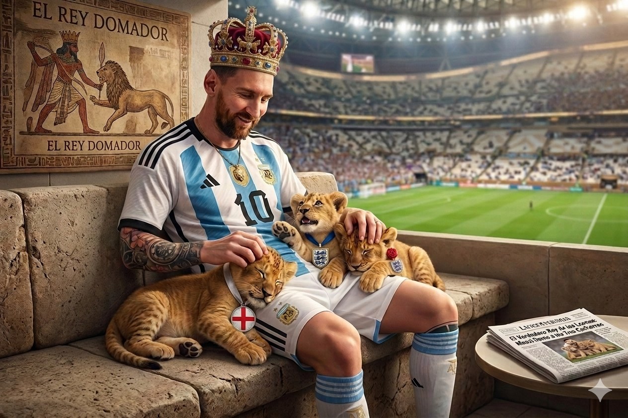 Ilustración viral de Lionel Messi con una corona, rodeado de leones con los colores de Inglaterra, bautizada «El King Lio»