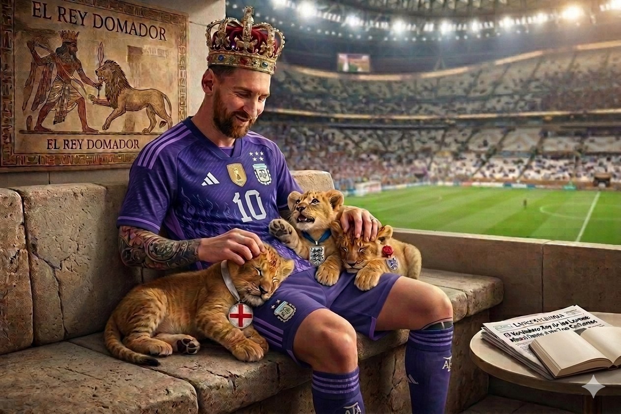 Segunda versión viral de «El King Lio»: Messi coronado con la camiseta suplente violeta, rodeado de leones