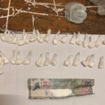 Microtráfico en Rosario: secuestraron 31 envoltorios de cocaína a un hombre que iba en bicicleta Decenas de envoltorios de nylon con material blanquecino ordenados sobre una hoja, junto a un billete doblado