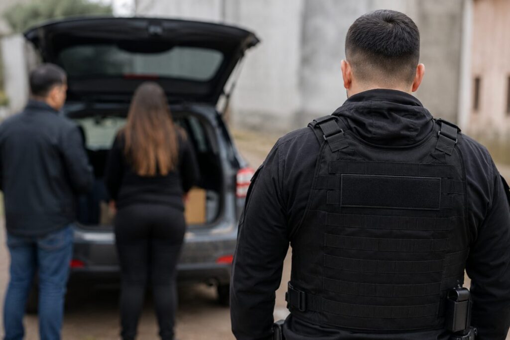 Operativo por una estafa en Funes: dos personas junto al baúl de un vehículo con mercadería y un policía de espaldas