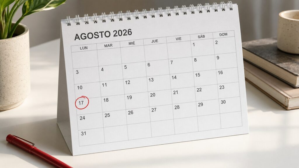 Calendario de agosto de 2026 con el feriado por el Paso a la Inmortalidad de San Martín