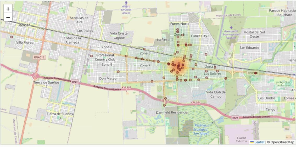 Mapa de calor de Funes que muestra la concentración de siniestros viales, con mayor densidad en el centro de la ciudad