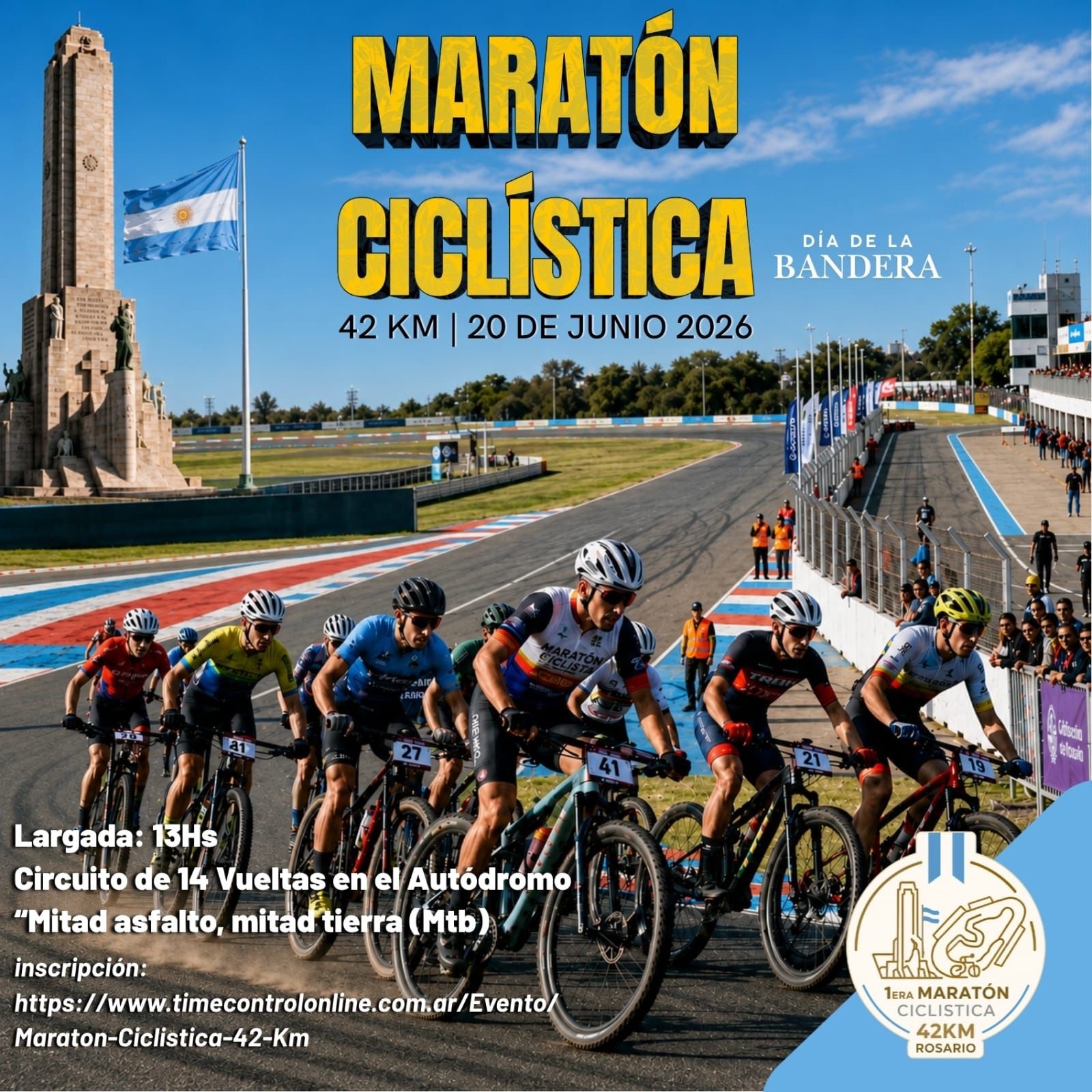 Flyer de la Maratón Ciclística Día de la Bandera: 42 km el 20 de junio de 2026 en el Autódromo Fangio de Rosario