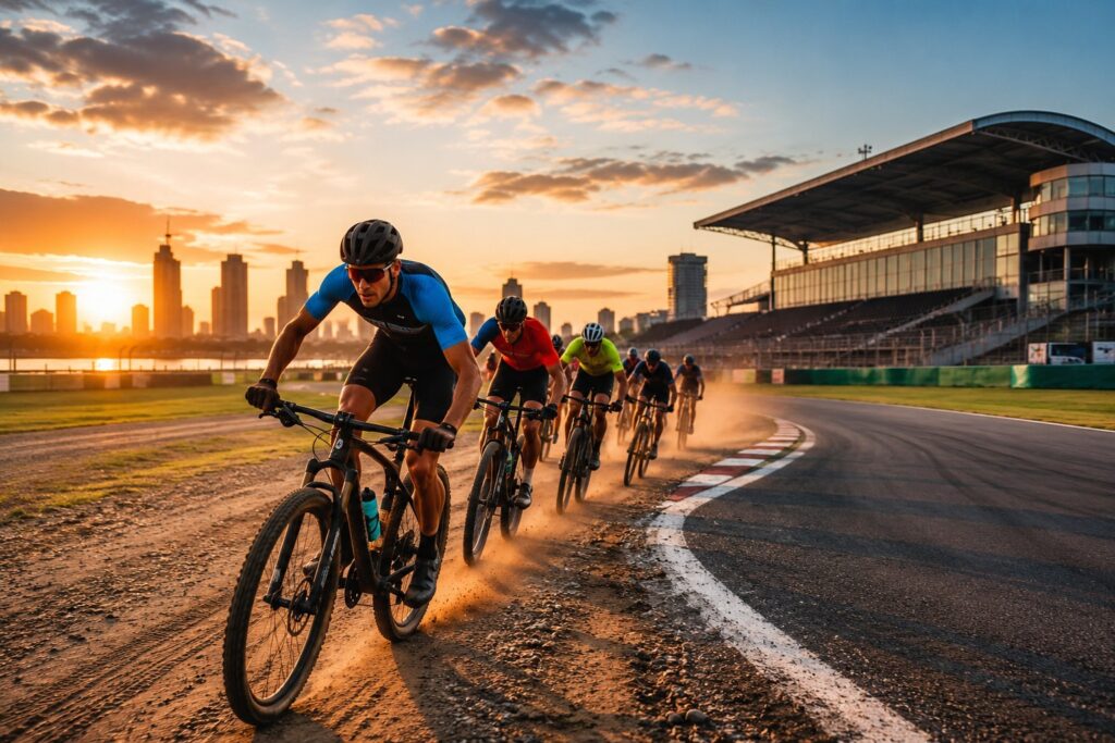 Ciclistas en plena competencia durante la Maratón Ciclística Día de la Bandera en el Autódromo Municipal de Rosario