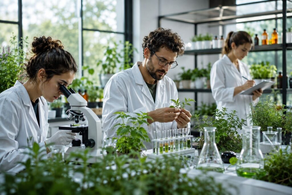 Investigación con plantas medicinales en un laboratorio