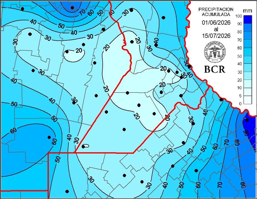 Mapa de precipitación acumulada en la región núcleo entre el 1 de junio y el 15 de julio de 2026