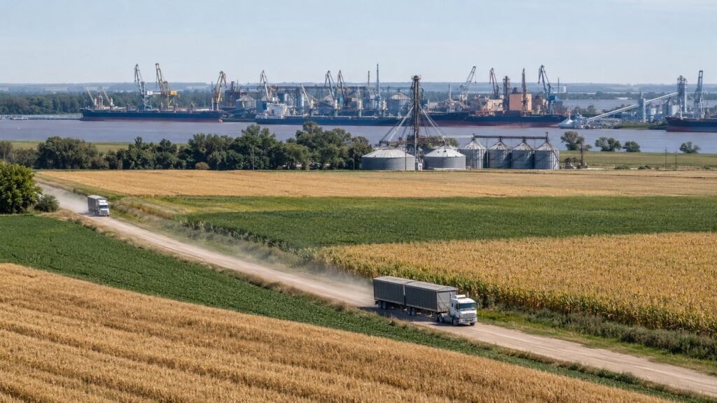 Camiones con granos circulan entre los campos junto a los silos y el puerto del Gran Rosario sobre el río Paraná