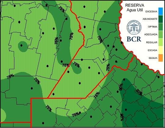 Mapa en tonos verdes que muestra reservas de agua útil adecuadas a abundantes para el trigo
