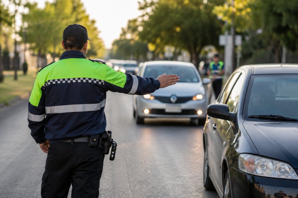 Agente de tránsito ordena la circulación vehicular en una calle, en el marco de la seguridad vial en Funes