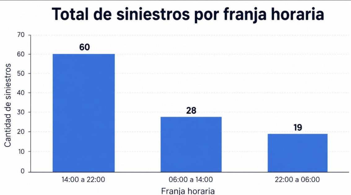 Gráfico de barras de siniestros por franja horaria en Funes: 60 entre las 14 y 22, 28 entre las 6 y 14 y 19 entre las 22 y 6
