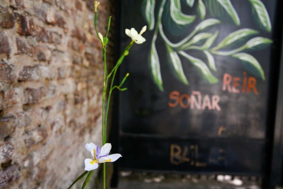 Flores frente a un mural que dice soñar, reír y bailar