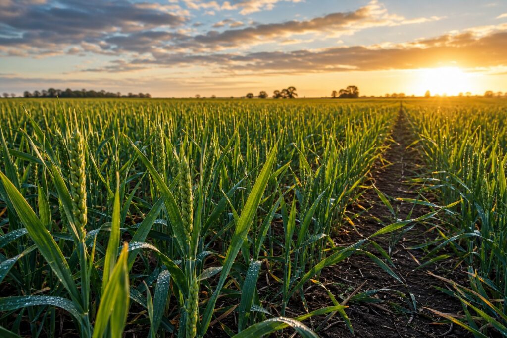 Un lote de trigo en macollaje al atardecer, con las espigas verdes y el sol sobre el horizonte